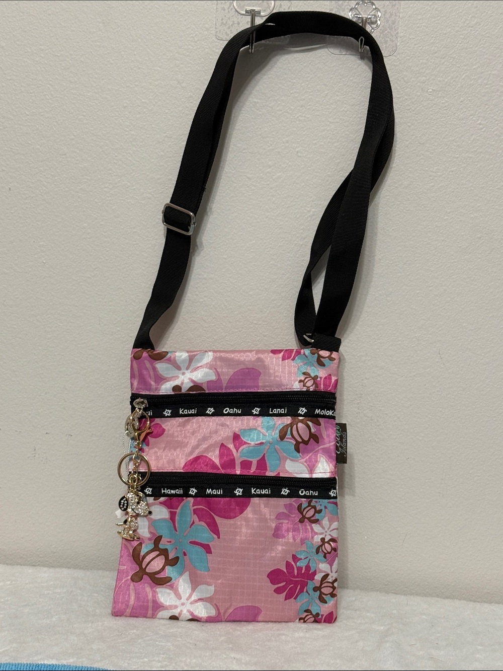 Eco Islands Pink Floral Crossbody Bag with Black Strap
